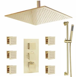Verona Brushed Gold Bathroom Thermostatic Shower System Set